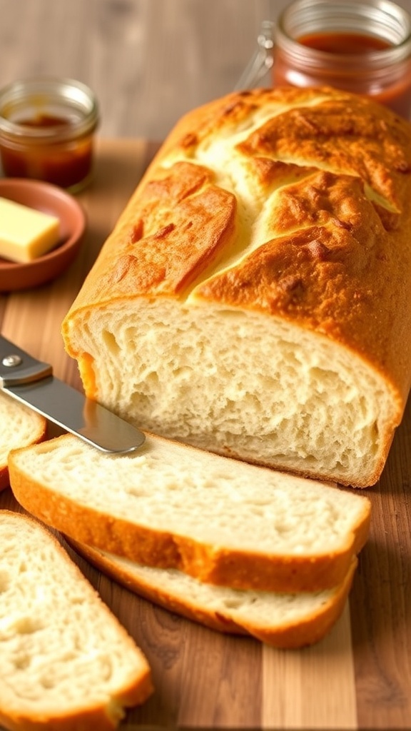 Sourdough Discard Sandwich Bread Recipe Freshly baked sourdough discard sandwich bread loaf, sliced on a wooden board with butter and jam.